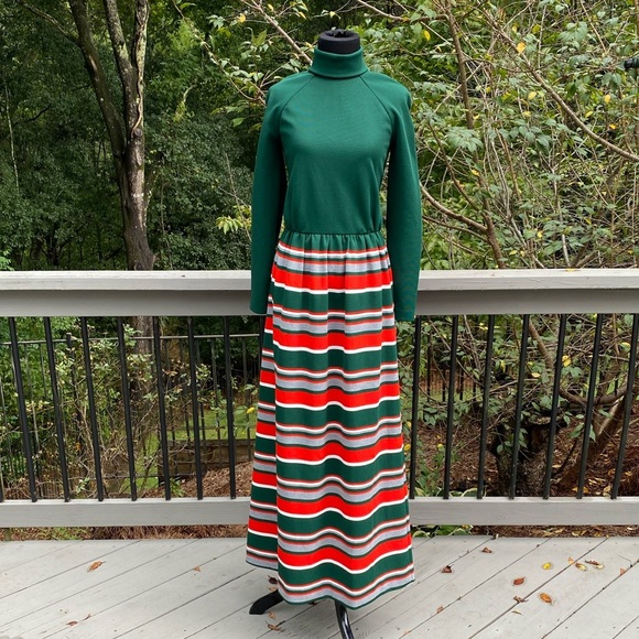Vintage 70s Union Label Turtleneck Stripe Ribbed Knit Holiday Maxi Hostess Dress - Picture 1 of 12